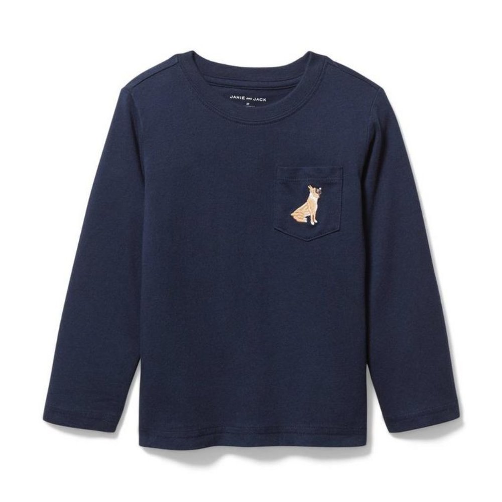 Janie and Jack Black Long Sleeve Round Neck Frenchie Embroidery Pocket Tee 3